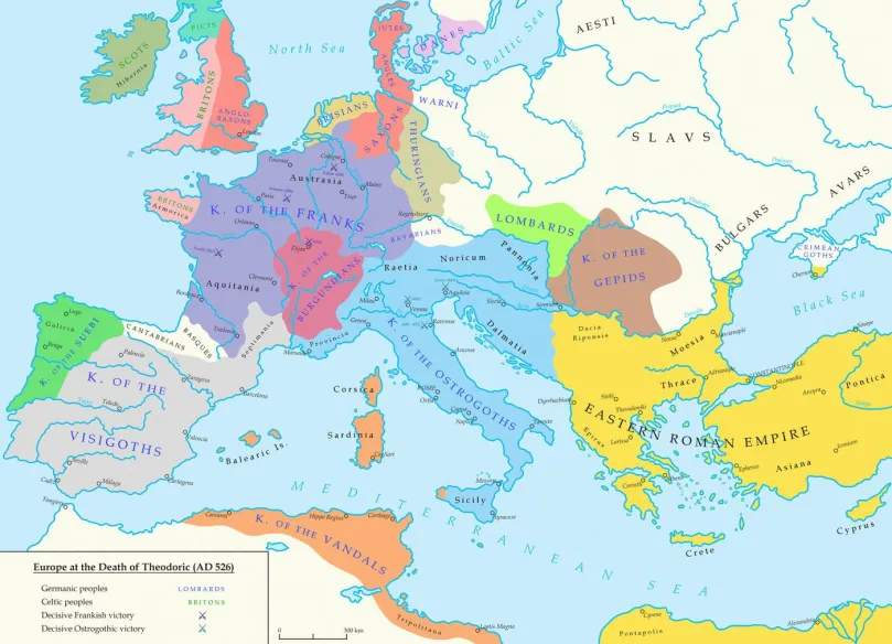 Harta Europei după căderea Imperiului Roman de Vest în 476